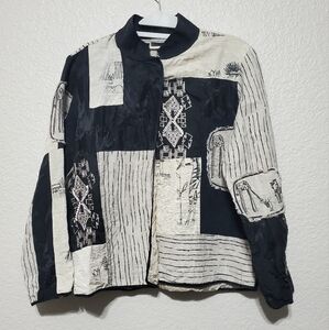 Vintage Chico's Silk Black & White Jacket Top with Animal Drawing Patches Size 1